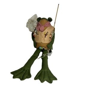 Frog Shelf Sitter Fly Fishing Fabric Plush  15 - 18” Cute Fun Decoration Gift